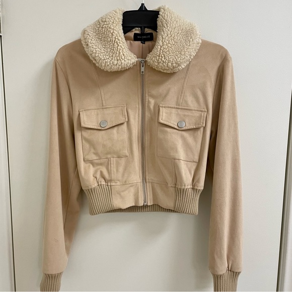 REVOLVE Majorelle Cropped Sherpa Collar Suede Bomber Jacket Sand Beige Size XXS - Picture 2 of 12
